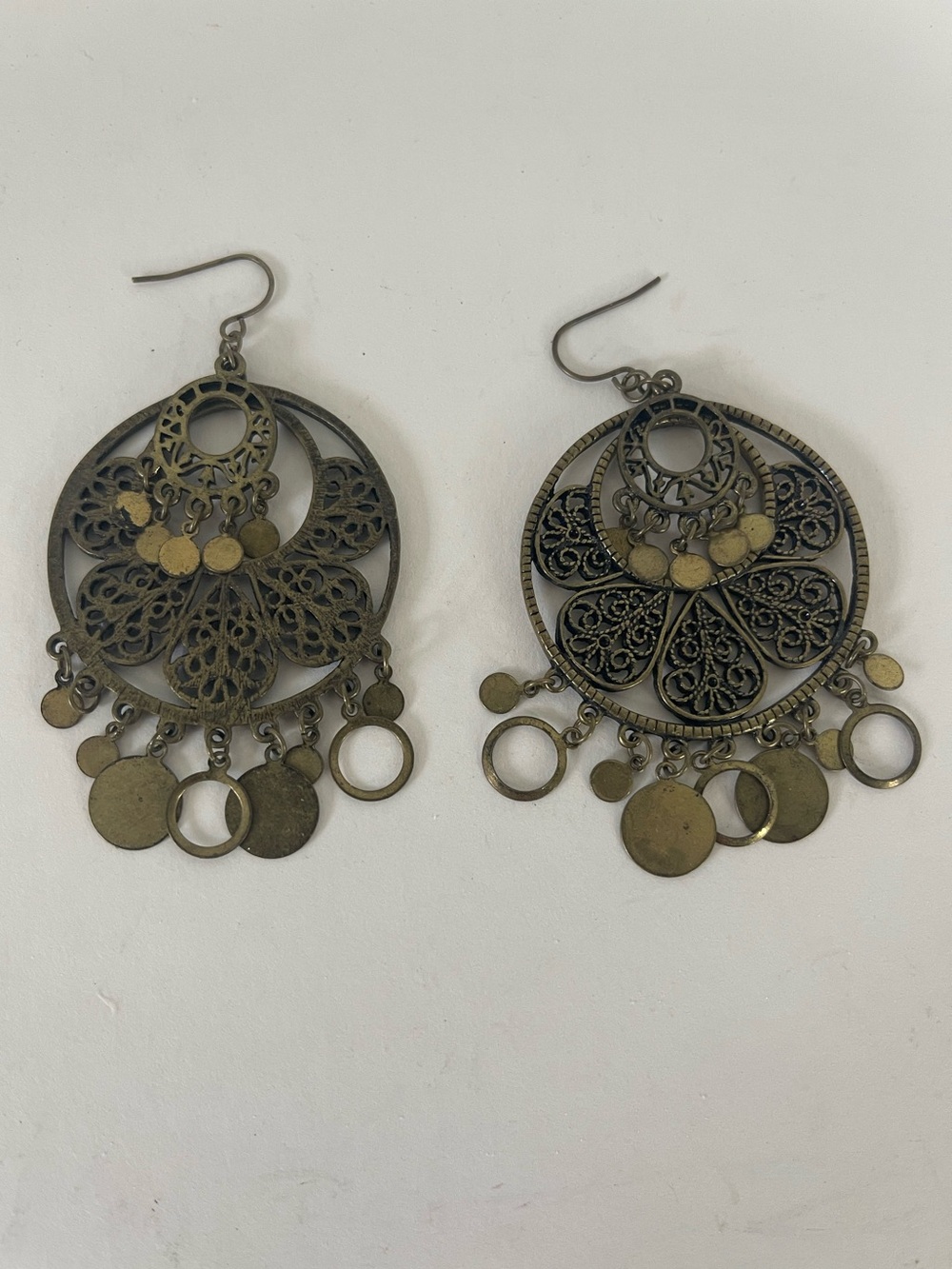 Bohemian Filigree Dangle Earrings in Antique Brass